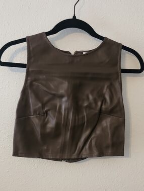 Kirious Faux Leather Cropped Tank Top - Brown